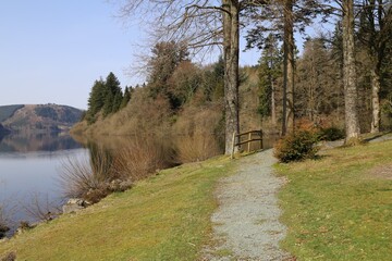 A path beside the beautiful Lake Vyrnwy in Powys, Wales, UK.