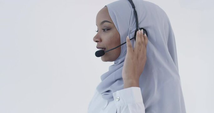 customer representative business woman with phone headset helping and supporting online 