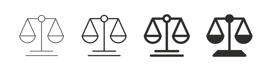 Scale icon. Scales of justice flat icon set. Vintage scale in balance and equilibrium. Vector icon of justice scales collection design. Vector illustration - obrazy, fototapety, plakaty