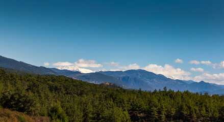 Fototapeta na wymiar Hills with forest and mountain range on horizon.