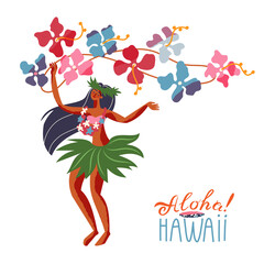 Hawaii aloha, woman dancing in traditional clothing. Tropical summer activity elements. Hawaiian beach vintage travel poster vector illustration. Young girl dancer with flowers on white background © backup_studio