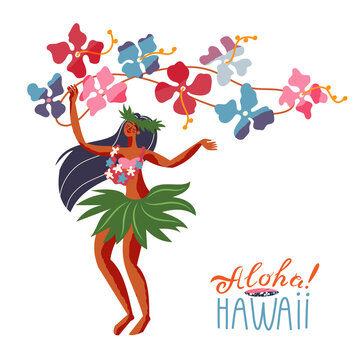 Hawaii aloha, woman dancing in traditional clothing. Tropical summer activity elements. Hawaiian beach vintage travel poster vector illustration. Young girl dancer with flowers on white background