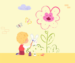 Child painting yellow wall in kindergarten. Kid doing creative art with brushes vector illustration. Little boy drawing pink flower and rabbit with paint