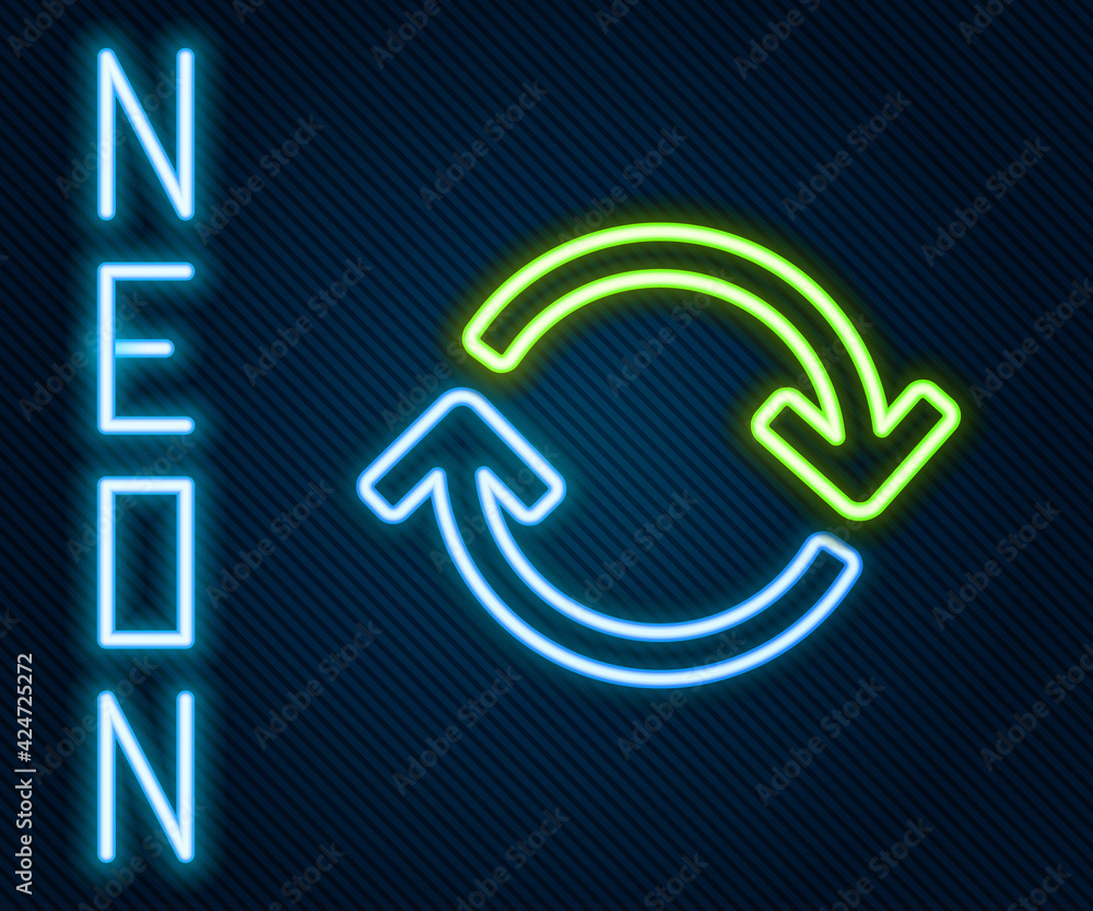 Poster glowing neon line refresh icon isolated on black background. reload symbol. rotation arrows in a cir