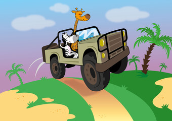 Żyrafa i zebra jadą przez sawannę, jazda samochodem terenowym po wybojach, zwierzaki uciekają z dżungli, szybka jazda terenówką po wertepach