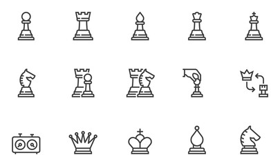 Set of Vector Line Icons Related to Chess. Chess piece, Checkmate. Pawn, Knight, Queen, Bishop, Horse, Rook. Editable Stroke. 48x48 Pixel Perfect.