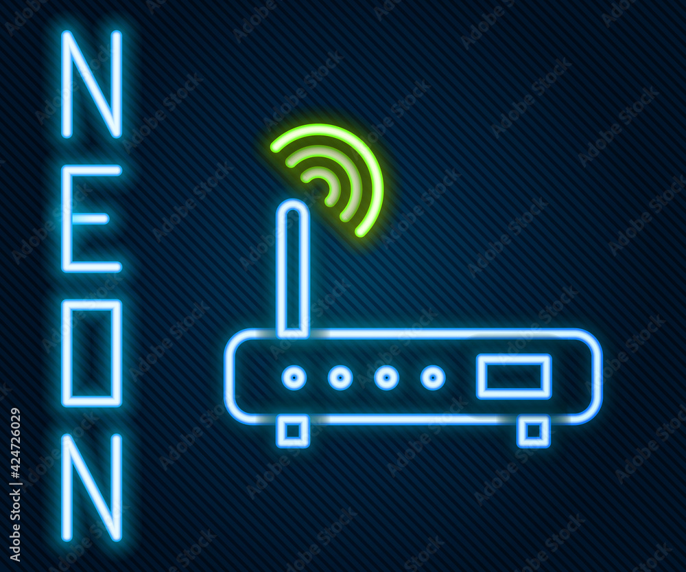 Aufkleber glowing neon line router and wi-fi signal icon isolated on black background. wireless ethernet modem