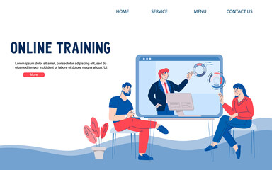 Online video training website banner with people studying remotely and taking part in web conference, cartoon vector illustration. Online business training and distance education.