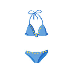 blue bikini swimsuit with yellow pattern. Women's bathing suit. Vector cartoon illustration