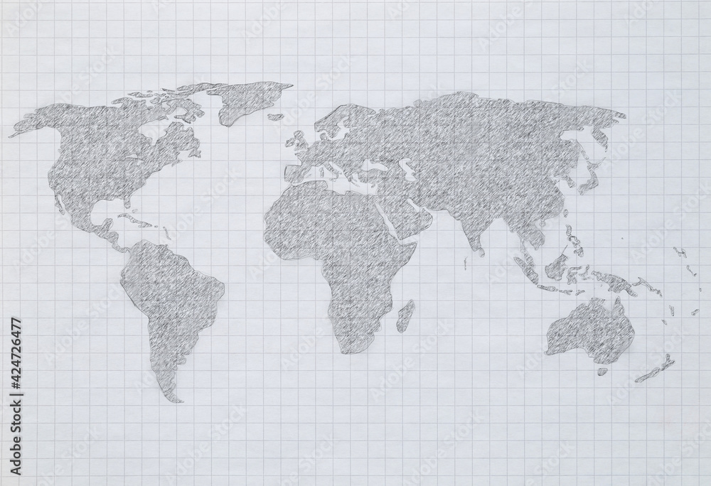 Poster hand-drawn world map sketched with pencil on graph or grid paper.