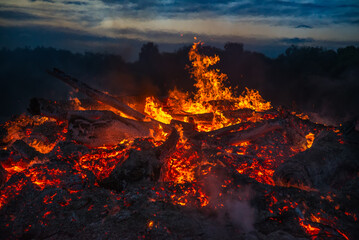 landscape with bonfire, night and hot flame.