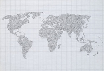 Fototapeta na wymiar Hand-drawn world map sketched with pencil on graph or grid paper.