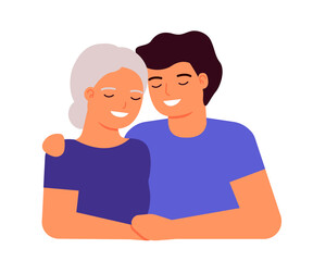 Old senior mother and adult son are hugging. Family love, taking care of grandmother. Mother s day concept. Family understanding, consent, support. Vector flat illustration
