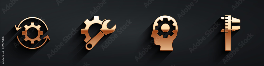 Poster set gear and arrows as workflow, wrench spanner and gear, human head with gear inside and calliper o