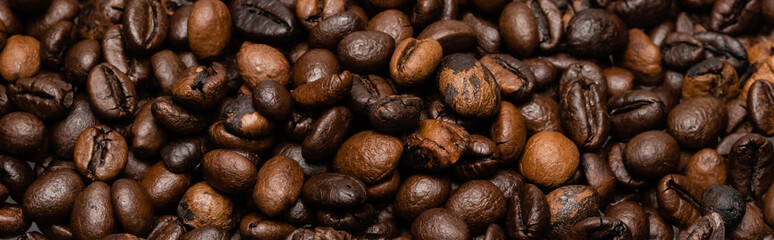 top view of fresh and brown coffee beans, banner