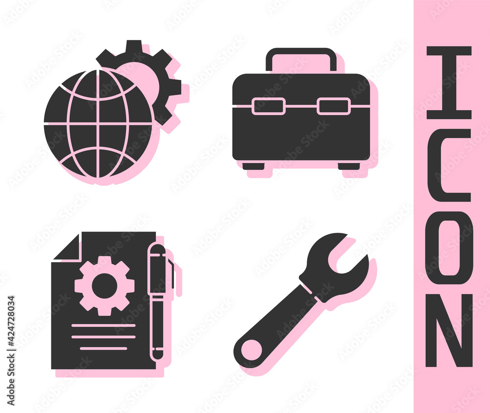 Poster set wrench spanner, globe of the earth and gear, document settings and pen and toolbox icon. vector