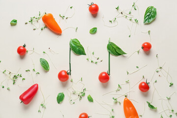 Music notes made of fresh vegetables and herbs on white background