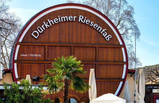 Bad Dürkheim, Germany - 29.03.2021: The largest barrel in the world serves as a restaurant. Built in 1934, made of wood. 150 people can sit inside the barrel and have wine and food.