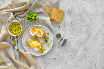 Plate with tasty sandwiches on grey background