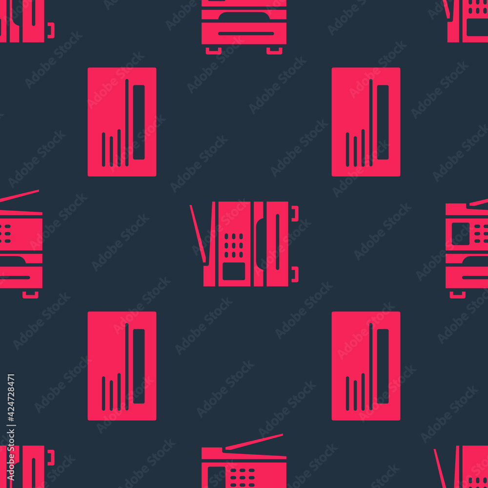 Poster set business card and printer on seamless pattern. vector