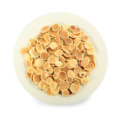 Plate with tasty mini pancakes on white background