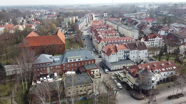 Polish city in Masuria, Ostróda, bird's-eye view of the city by the lake