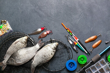 Different fishing equipment and fish on dark background