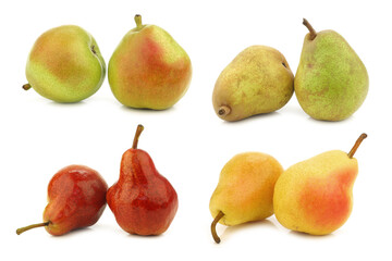 Assortment of different colorful pears on a white background