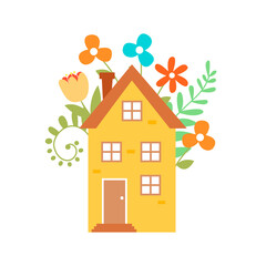 Cute spring hand drawn illustration on isolated background. The house is surrounded by colorful flowers. Vector illustration for design postcards.