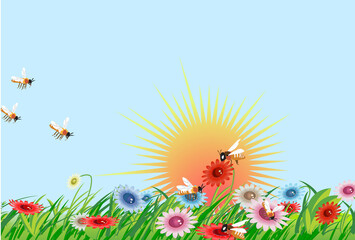 Beautiful flowers at sunrise in the summer. Hardworking bees flying around them. Vector illustration.