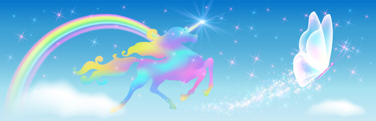 Galloping iridescent unicorn with luxurious winding mane and flying butterfly against the background of the fantasy universe with sparkling stars, clouds and rainbow