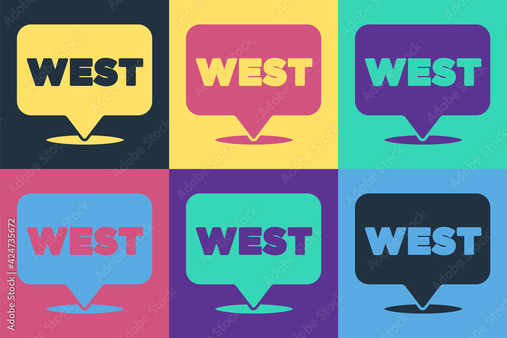 Poster pop art pointer to wild west icon isolated on color background. western signboard, message board, si