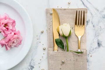 Beautiful table setting for Mother's Day on white background
