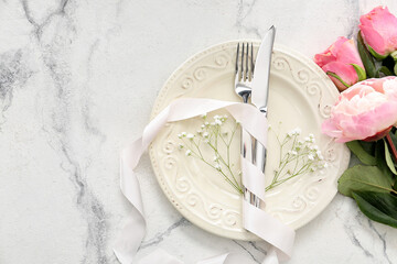 Beautiful table setting on white background