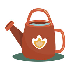 Red garden watering can with flower. Vector illustration flat design. Isolated on white background