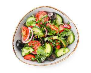 Bowl of fresh salad with vegetables on white background