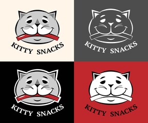 Vector set of cat snacks logo options. Feline snack logo in color, black and white, linear display. Four logos on different backgrounds