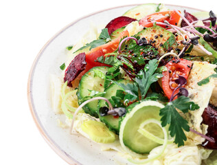 Plate of fresh salad with vegetables on white background