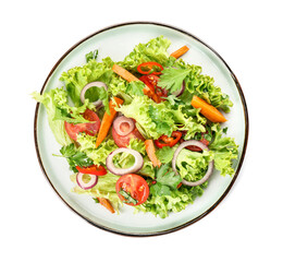 Plate of fresh salad with vegetables on white background
