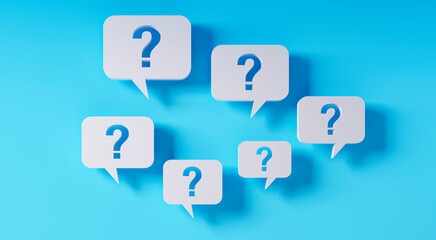 Question mark speech bubbles in front of a blue wall - 3D illustration