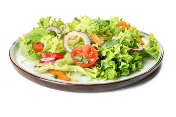 Plate of fresh salad with vegetables on white background