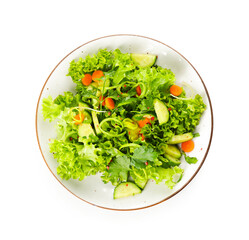 Plate of fresh salad with vegetables on white background