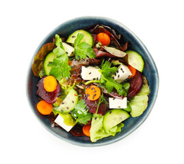 Bowl of fresh salad with vegetables on white background