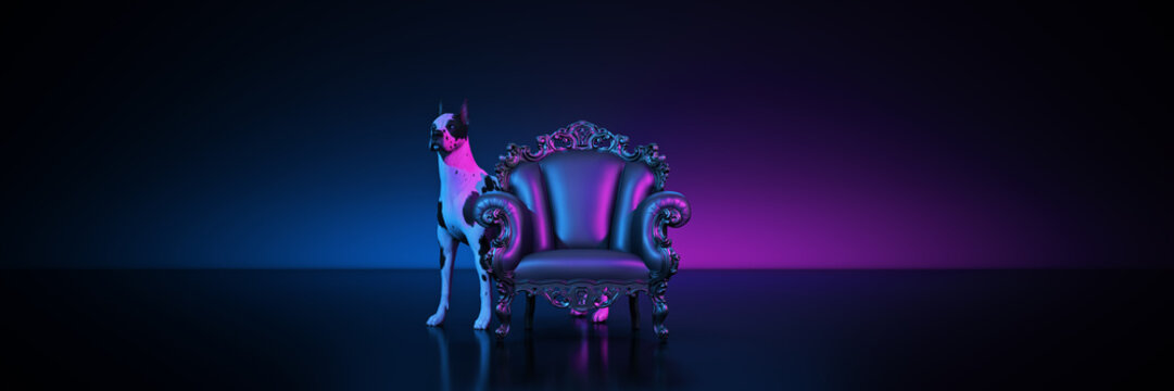armchair with guard gran danés dog. 3d rendering