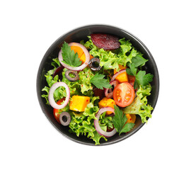 Bowl of fresh salad with vegetables on white background