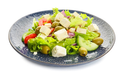 Plate with fresh Greek salad on white background