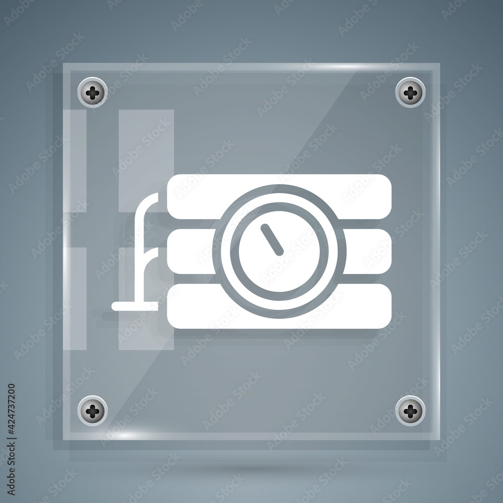 Poster white detonate dynamite bomb stick and timer clock icon isolated on grey background. time bomb - exp