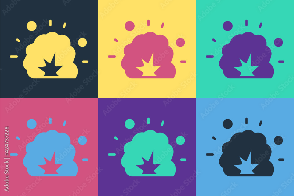 Poster pop art bomb explosion with shrapnel and fireball icon isolated on color background. vector
