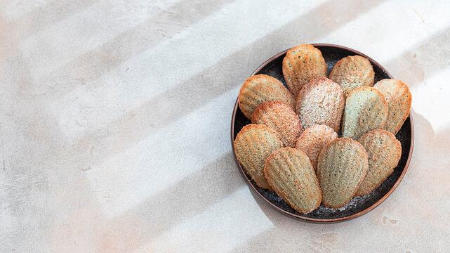 Freshly Baked french madeleine cookies. Homemade traditional French small cookie.