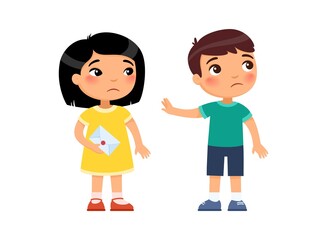 A little girl gives the boy a love letter and is rejected. First love concept. Child psychology. Broken heart. Cartoon multiracial characters. Flat vector illustration.